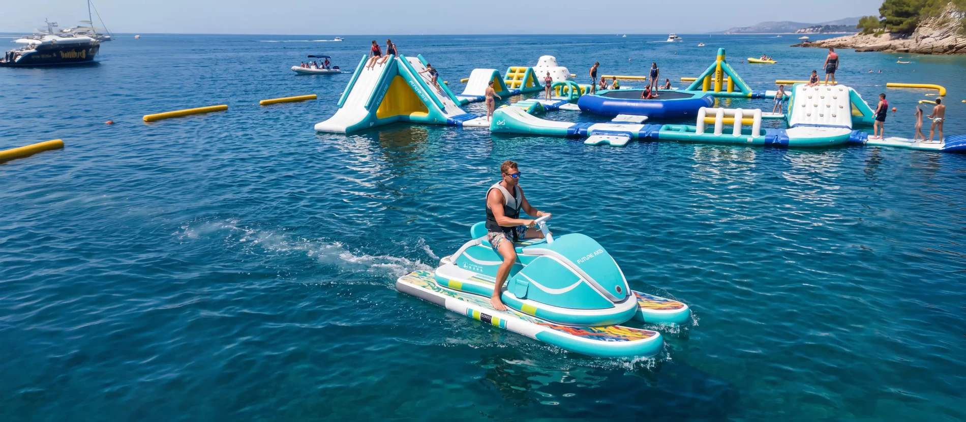 Utilizador a pilotar jet ski inflável em mar azul cristalino, com parque aquático inflável flutuante ao fundo, equipamento de diversão aquática de verão.